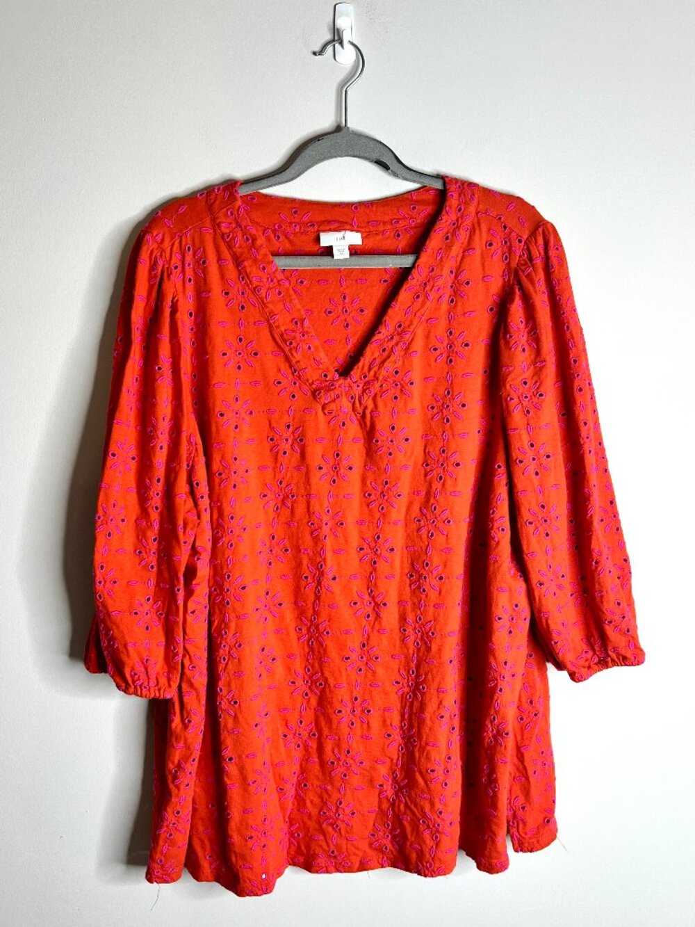 J. Jill Bright Orange Embroidered Eyelet Lace Flowy Colorful Top 3/4 Sleeve 2X